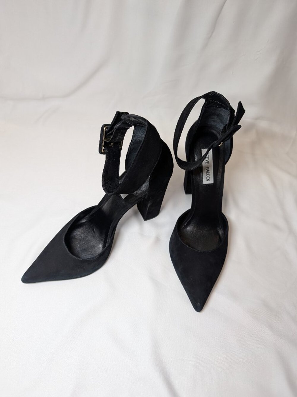 Steve Madden Black Suede Ankle Strap Block Heels – Women's 10
